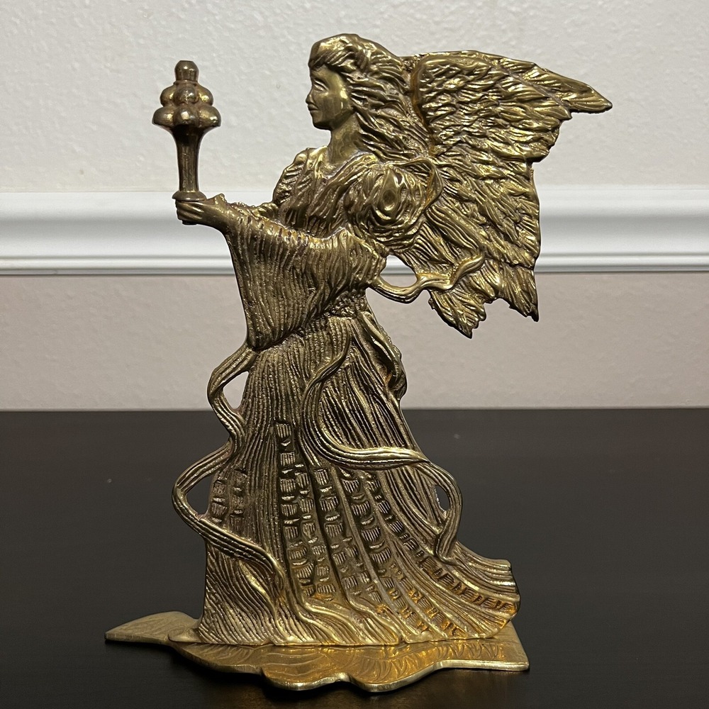 Vintage Solid Brass Angel Figurine Statue India 9" Ornate Detail